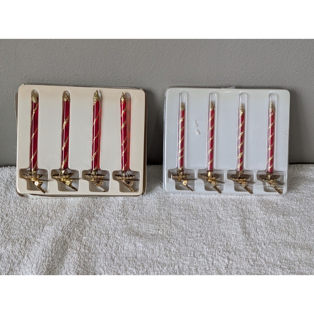 8 Vintage Clip On Red Gold Candle Christmas Ornament Glitter 5" Glass Dept 56